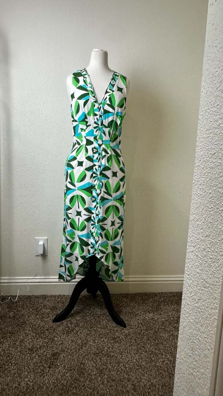 Ciebon Dress Size S Green Blue White Leaf Print Midi Sleeveless Pockets